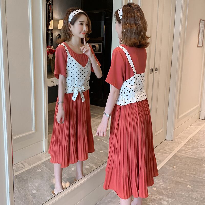 【新作】【送料無料】 マタニティウェア2020夏の新しいシフォン水玉+ルーズプリーツミドル丈ドレス、ツーピースセット妊婦-アリババ サマー 夏物 expec217598471501