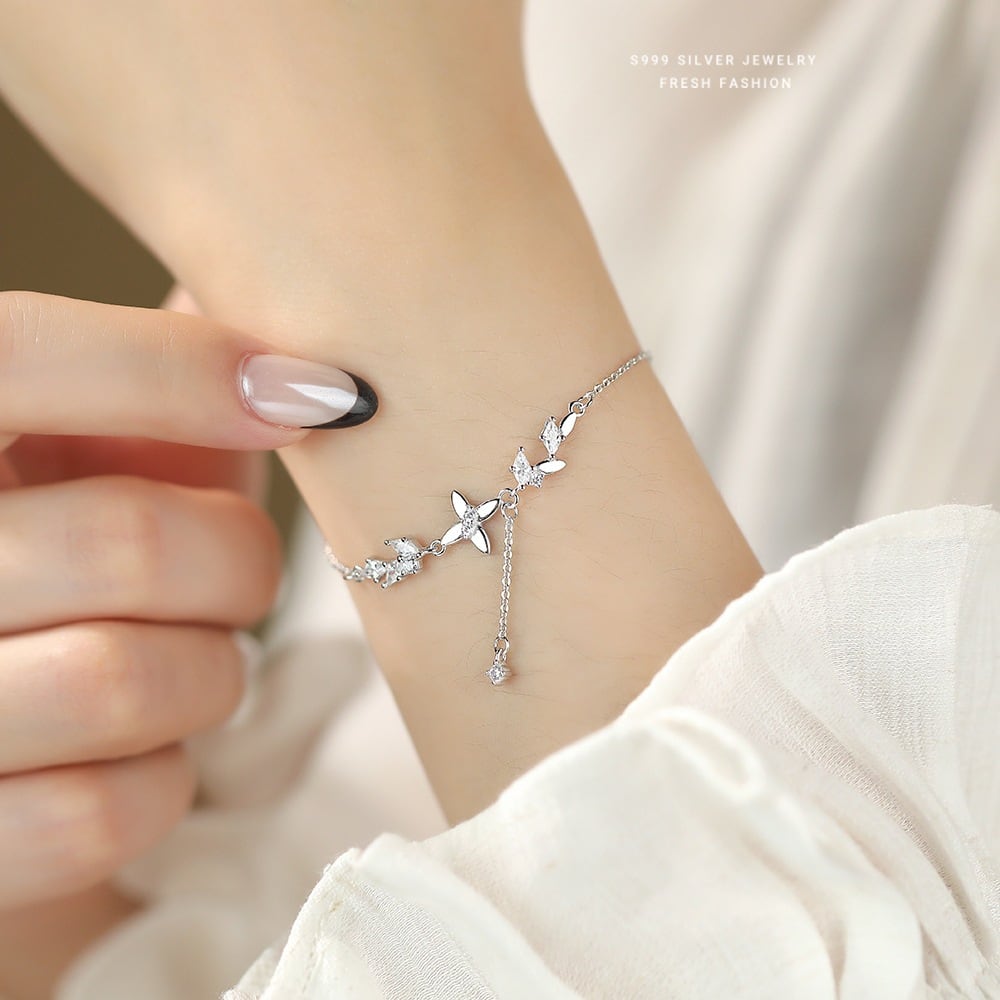 花 ブレスレット WG仕上げS925シルバー レディース華奢アクセサリー