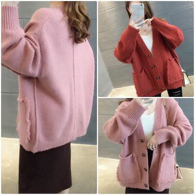 レディース トップス 長袖 ニット カーディガン 無地 Vネック タッセル