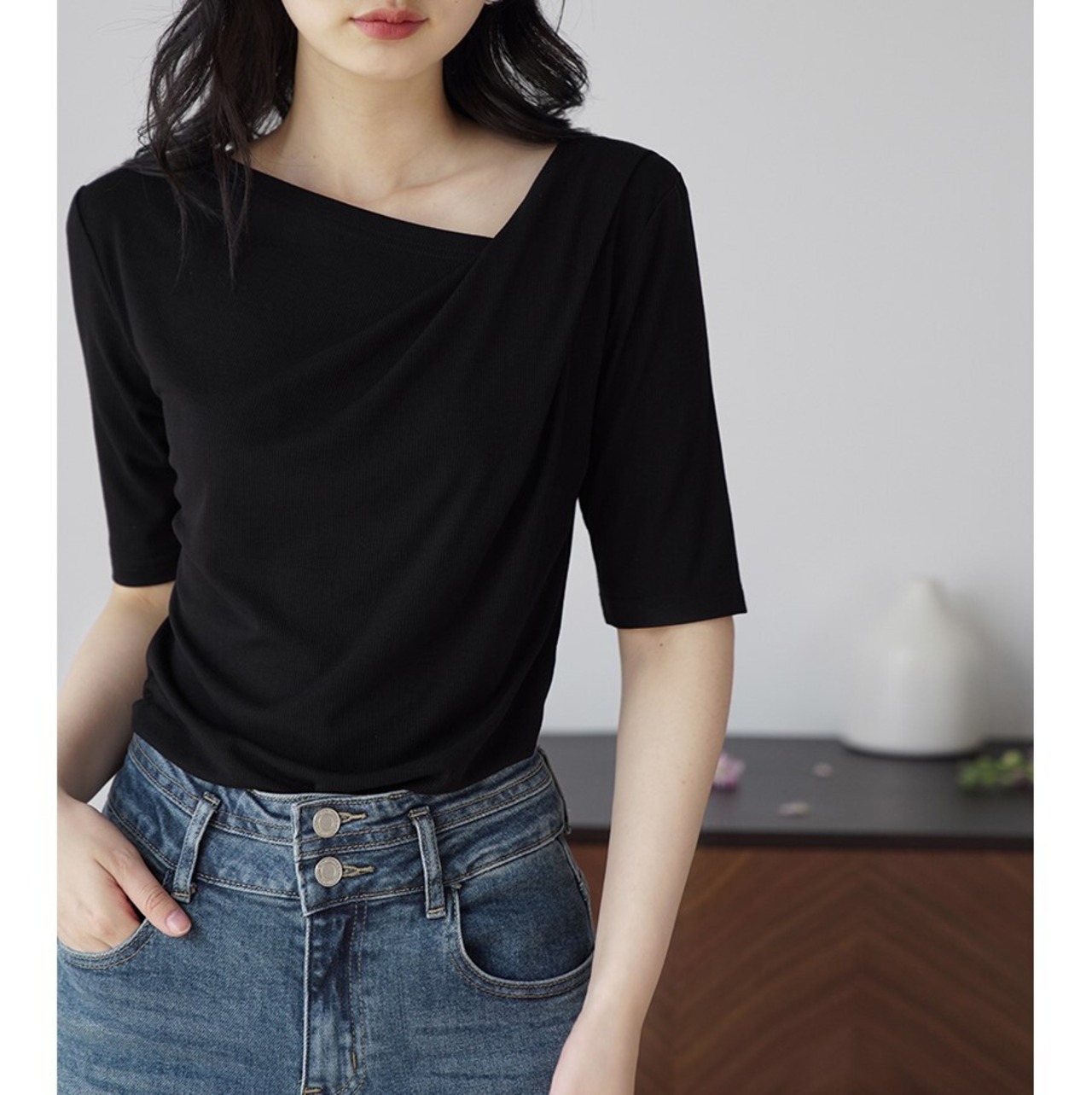 アシンメトリードレープデザイン五分袖トップス W01319