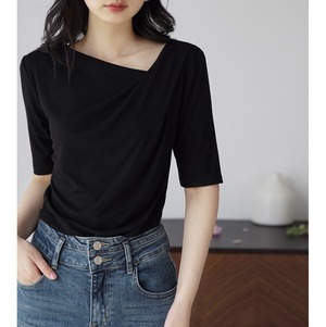 アシンメトリードレープデザイン五分袖トップス W01319