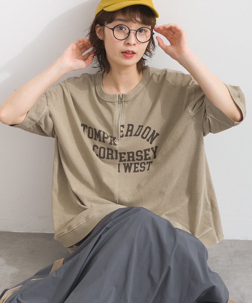 00s 2005AW archive ハーフジップ切替トップス カーブ K261038 布帛切替ハーフジップ ロゴプリントプルオーバー / Woven