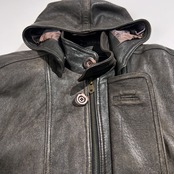 Wind Armor ウィンドアーマー 羊革 ラムレザー 本革 フーデッド ハーフ コート サイズ M /ブラック系 裏地アニマル柄