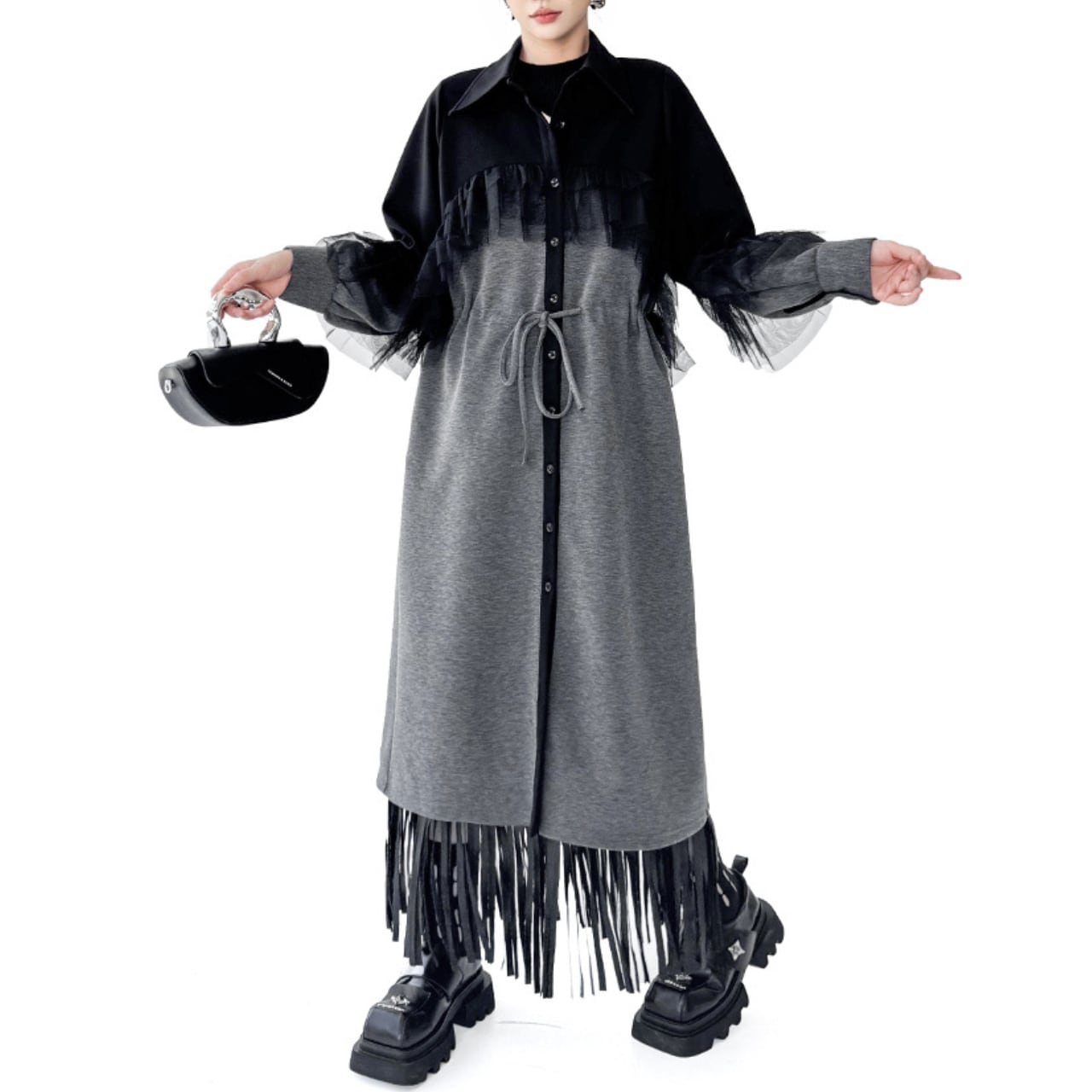 異素材ミックス ドローコード シャツワンピース 00314