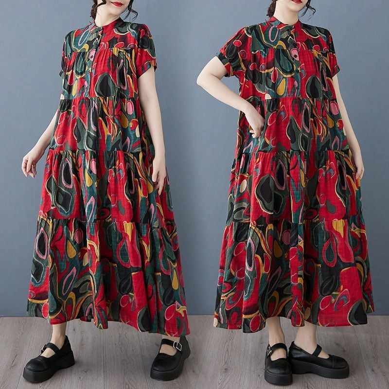 PRINT STAND COLLAR HALF SLEEVES A-LINE LONG SHIRT DRESS 1color M-14206