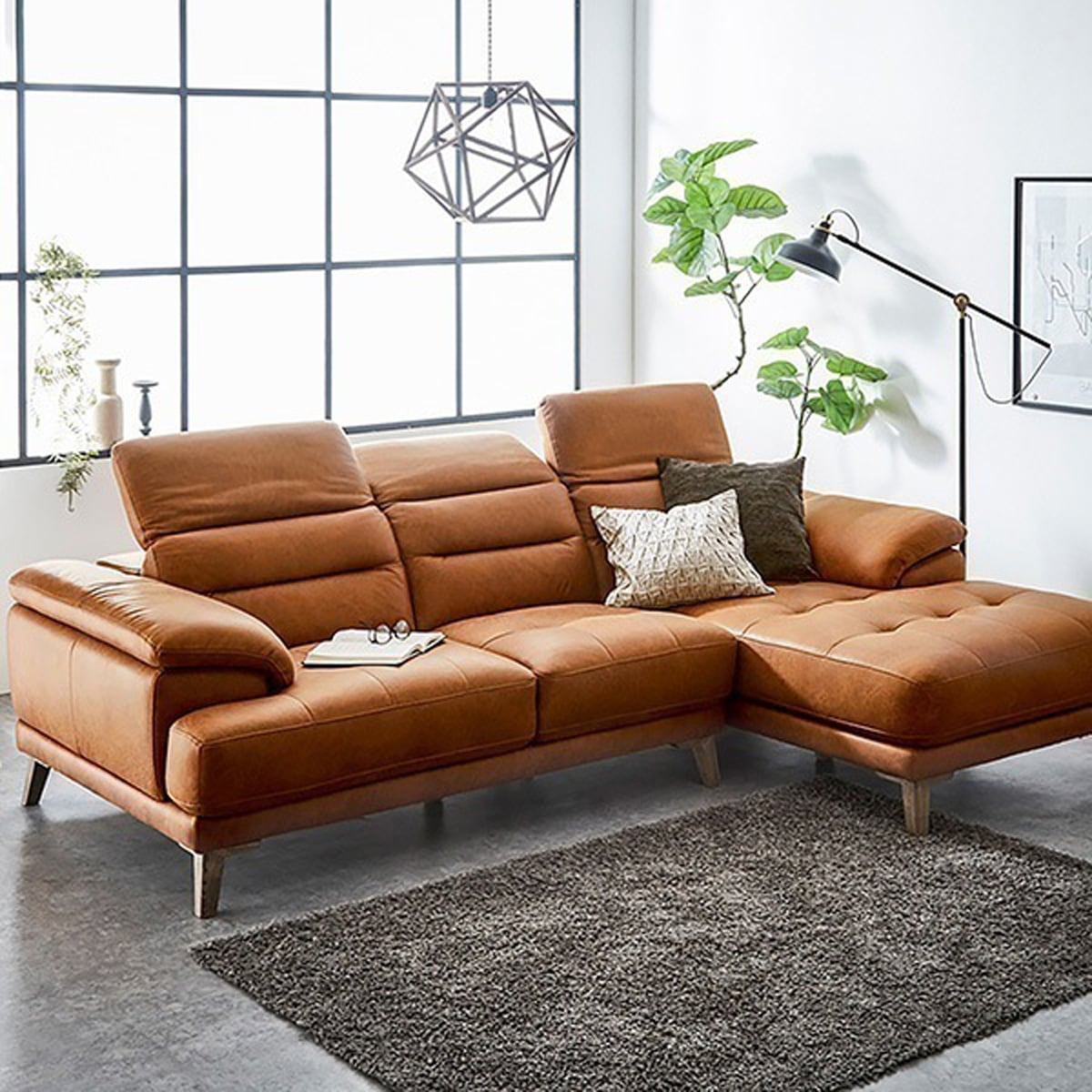 ヘッドレスト可動 3人掛け レザーファブリック カウチソファ【Emmet-エメット-】