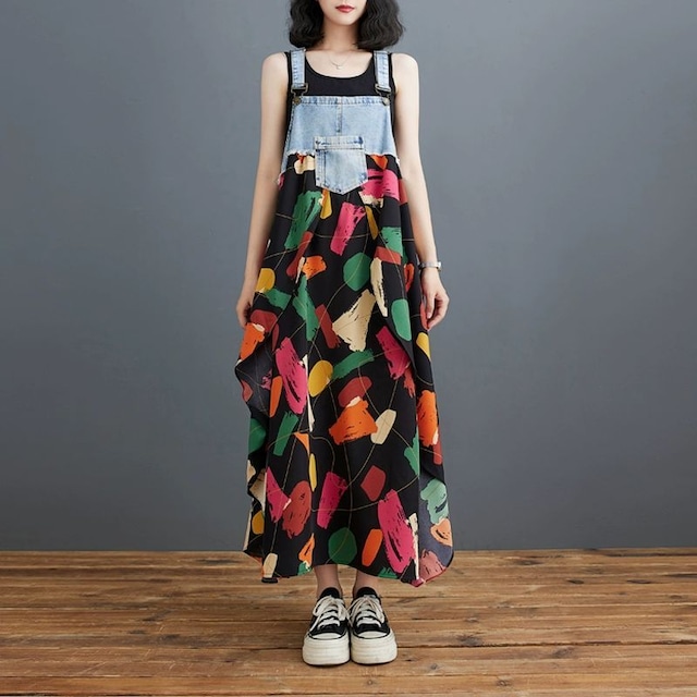 CONTRAST STITCH A-LINE LONG DENIM STRAP JUMER DRESS 1color M-9915