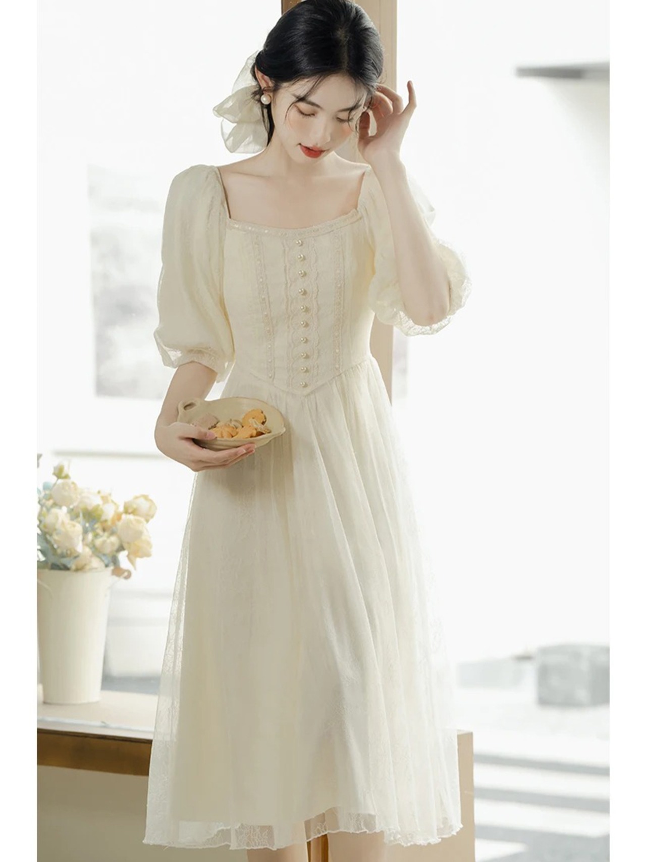 【0036】Off Shoulder 2way Lantern Short Sleeve Dress