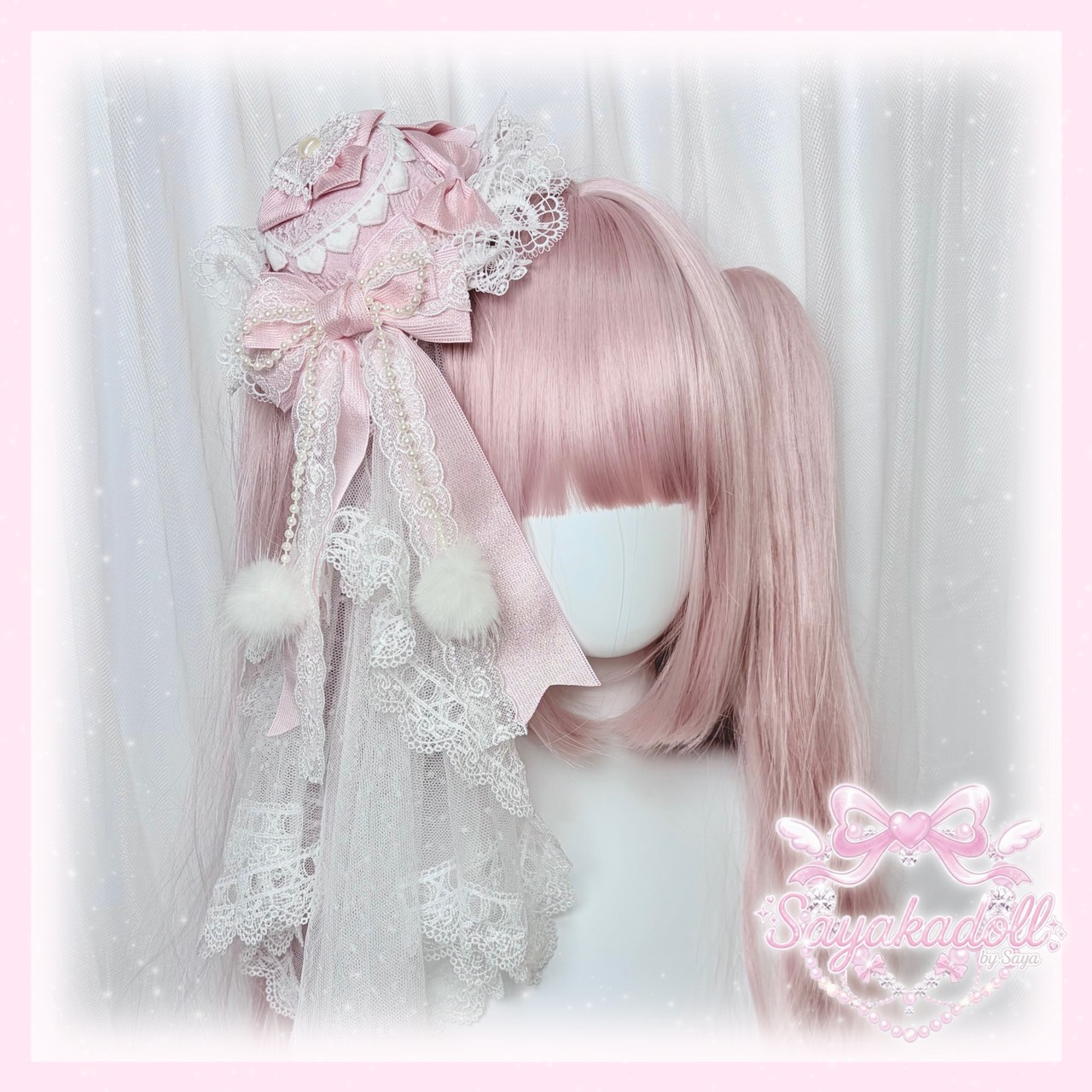 ♡【全6色】マシュマロぽんぽんリボン ロリィタミニハットヘアクリップ＋ヴェールセット purple×pink ♡