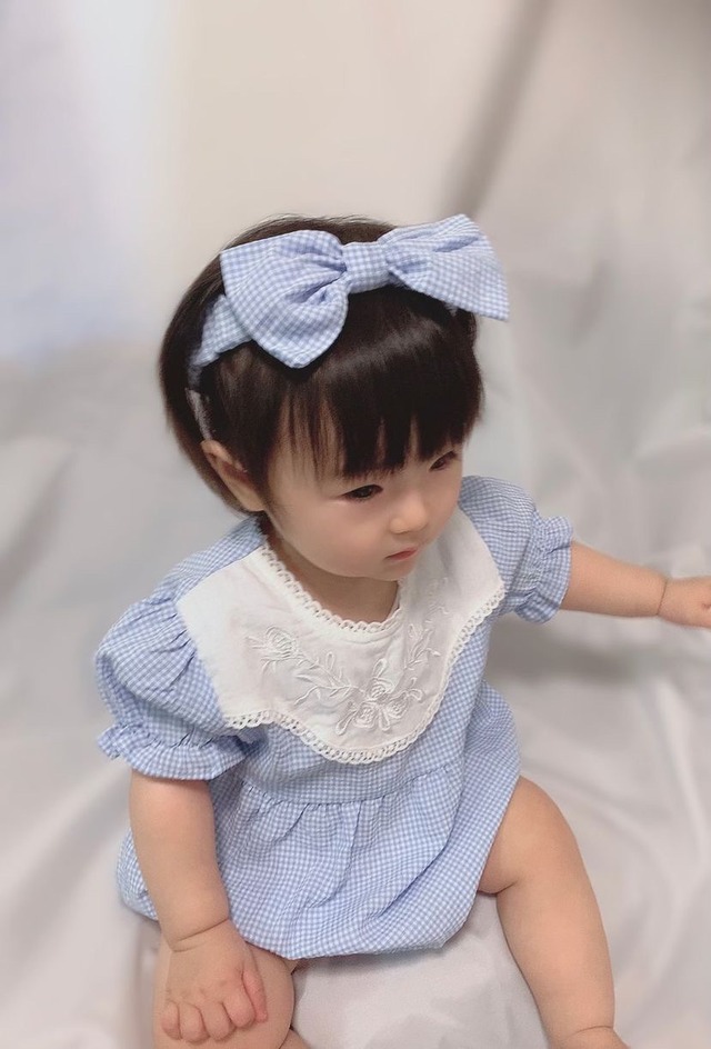 【即納】ギンガムチェックと刺繍のロンパース｜海外子供服｜韓国子供服