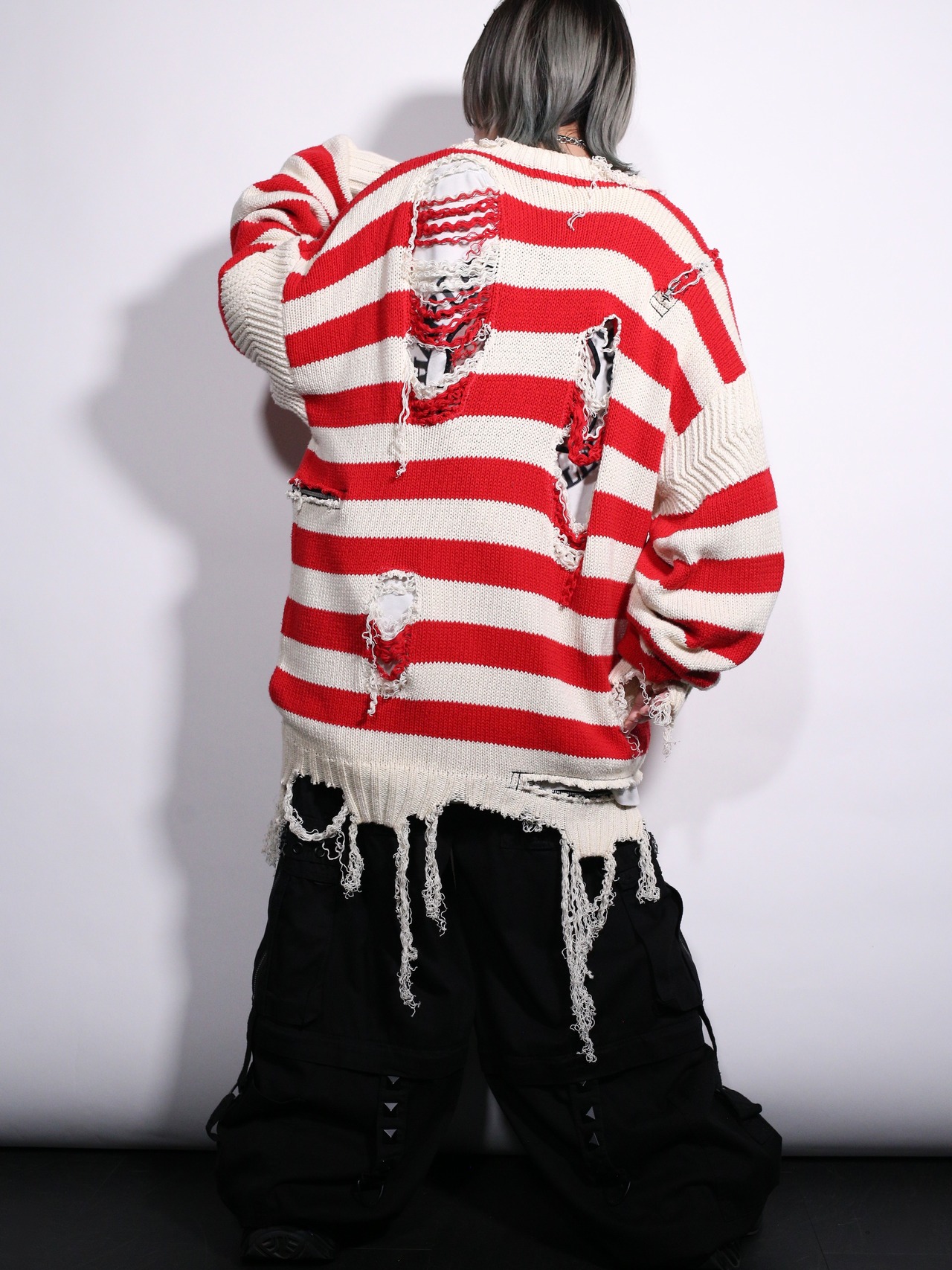 REMAKE / clash bolo × zip XXL over silhouette border knit - 5
