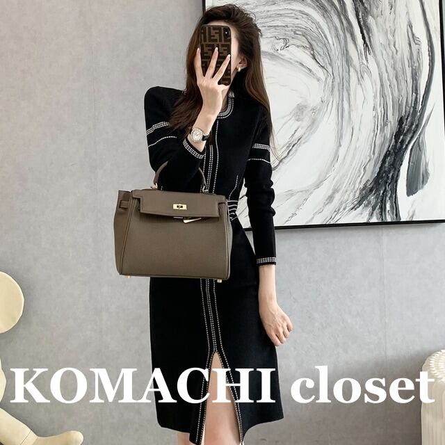 【送料無料】 ニットワンピース フロントスリット 黒 ブラック 韓国 レディース オルチャン ハイウエスト ステッチデザイン 膝丈 ひざ丈 長袖 Uネック ラウンドネック セミフレア スリム タイト 細身 切り替えデザイン ウエストマーク 上品 おしゃれ かっこいい レトロ こなれ感 ラブリー キュート エレガント 抜け感 フェミニン ベーシック 高見え 秋 冬 ママ 休日 イベント デート 食事会 着回し 普段使い モテ トレンド 流行 インスタ映え 清楚 S M L XL