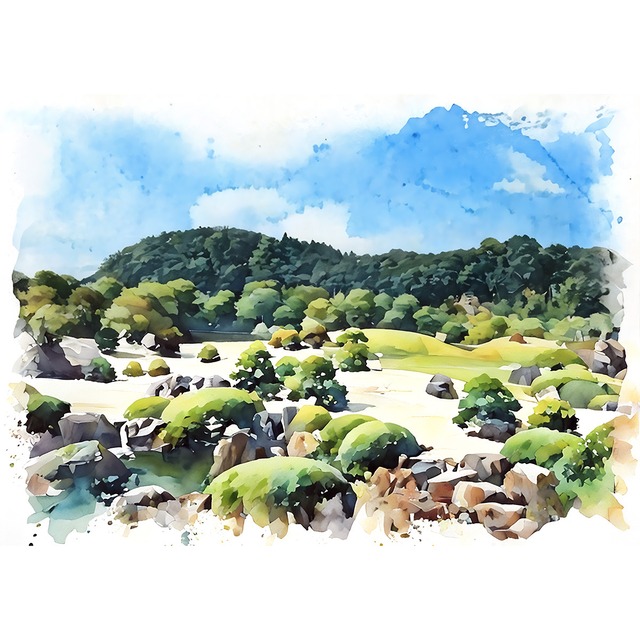 絵画(風景画) 日本 島根県 足立美術館の庭園 インテリアアート額付き 水彩画・油絵調 WAT1287
