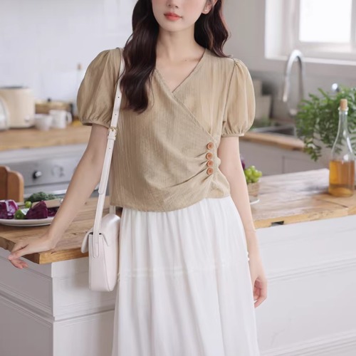 2色／カシュクールデザインパフブラウス ・76517