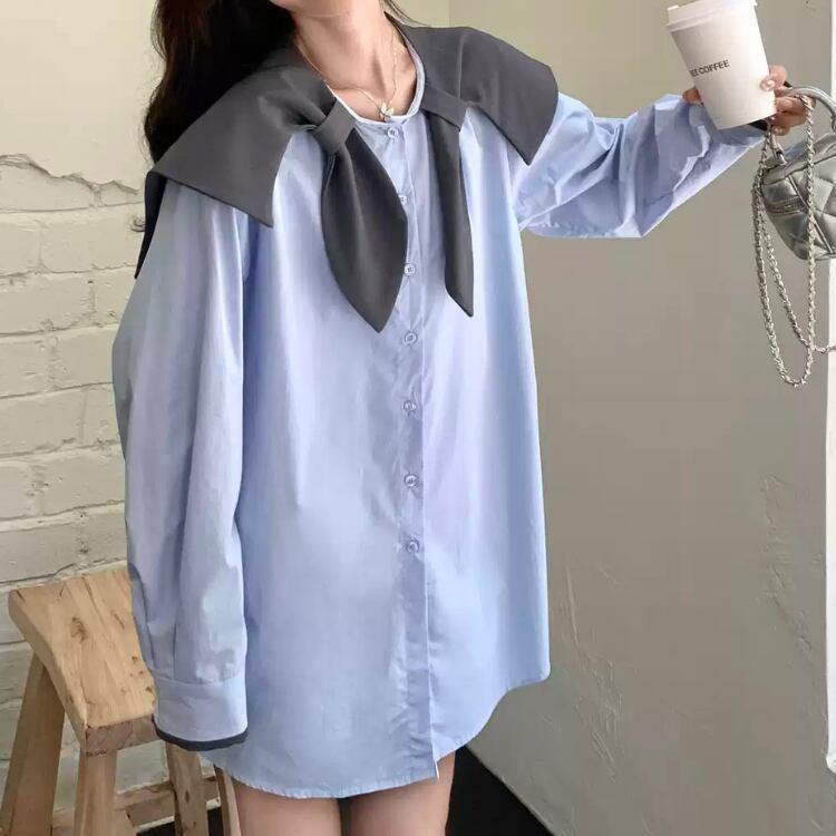 Ribbon tie collar shirt one piece 00056