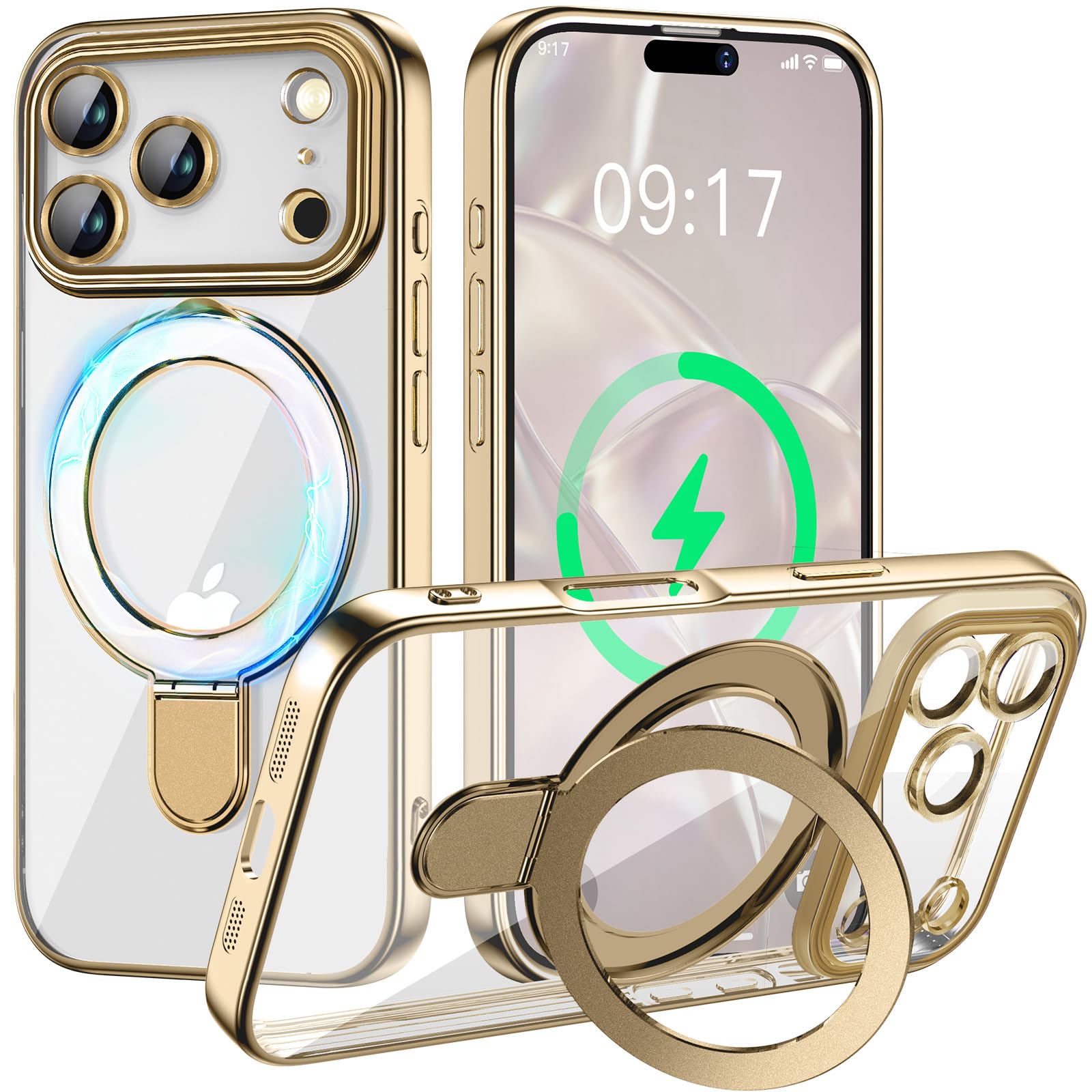 ソフトケース 用のiPhone18ProMax メッキバンパー カメラ完全保護 MagSafe対応 スタンド一体型 ストラップホール付き ゴールド