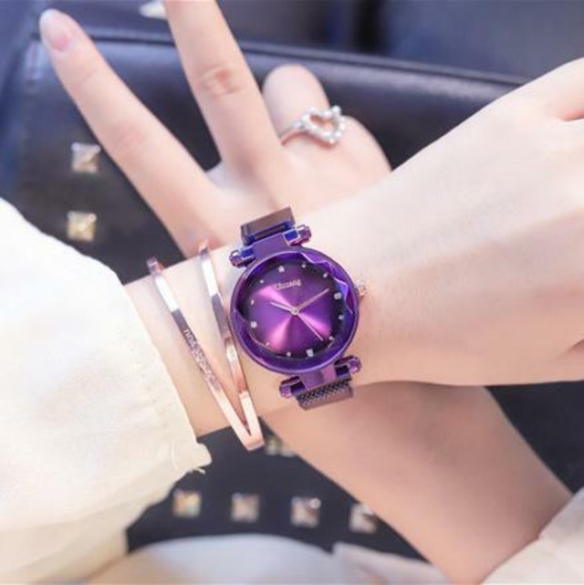 レディース　腕時計　パープル　紫　マグネットの留め金　クォーツ時計　ステンレススチール　メッシュ　リストウォッチ　高級　Trendy-36-purple