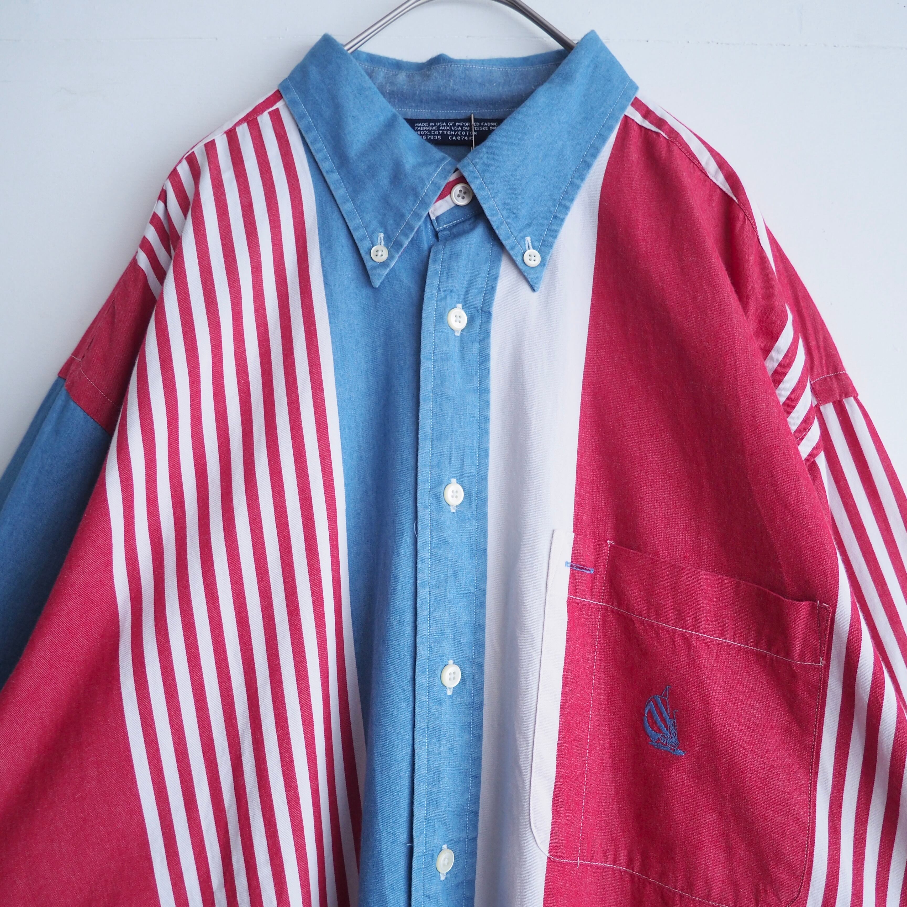 1990s ” Nautica ” tricolor color stripe pattern button down shirt (made in Usa)