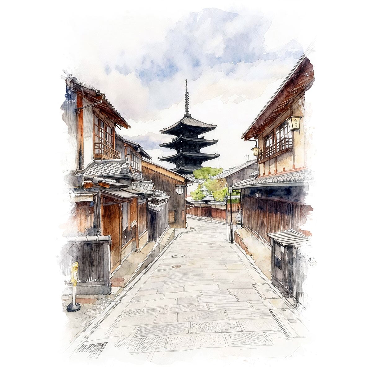 絵画 風景画(街並み) 日本 京都府 産寧坂(三年坂)からの八坂の塔 インテリアアート額付き 水彩画・油絵風 WAT1582