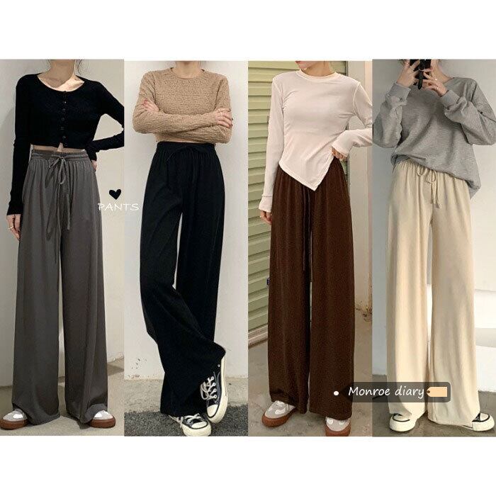 カジュアルパンツ ハイウェストウェストワイドレッグスリムオータムウィンタールーズ 秋物 冬物 ワイドパンツ モンロー77618692006