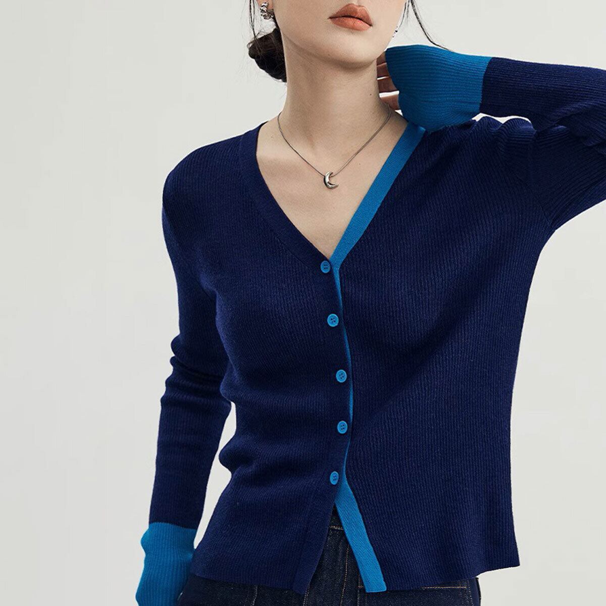 ニットカーディガン バイカラー 長袖 レディース 秋冬 韓国 レイヤード おしゃれ 大人 かわいい きれいめ 羽織り 重ね着 リブニット カジュアル 大人可愛い 大人女子