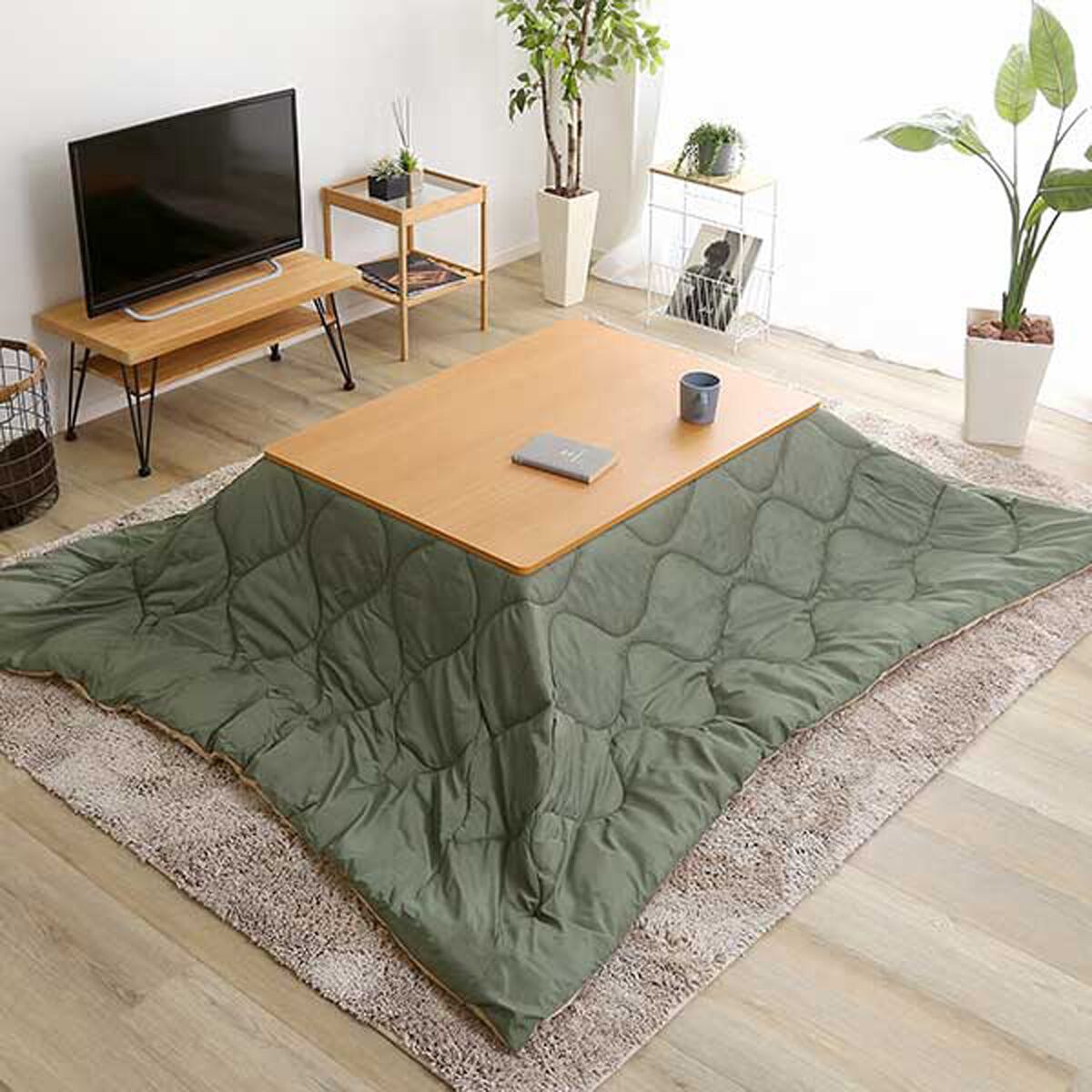 リバーシブル天板の木目調カジュアルこたつ布団セット(ダウン) 長方形(105cm 75cm幅)