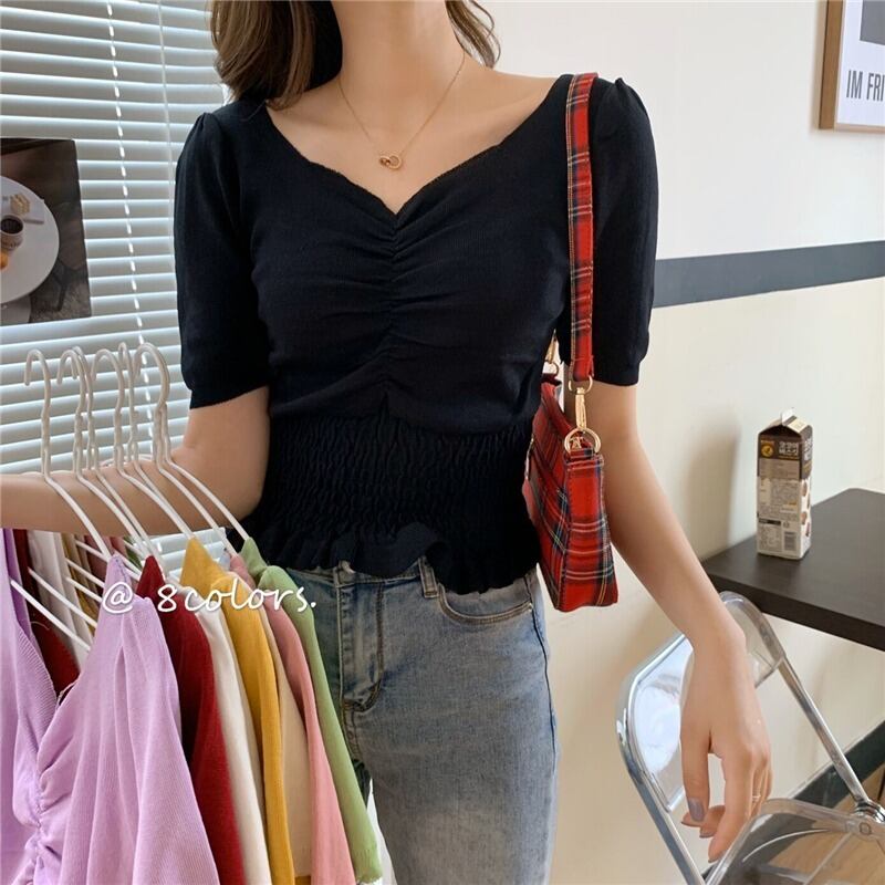 2020年夏の新しい女性フレンチVネック半袖薄ニットTシャツネットレッドトップ優しい風白ボトミングシャツ 1号婦人11298998511