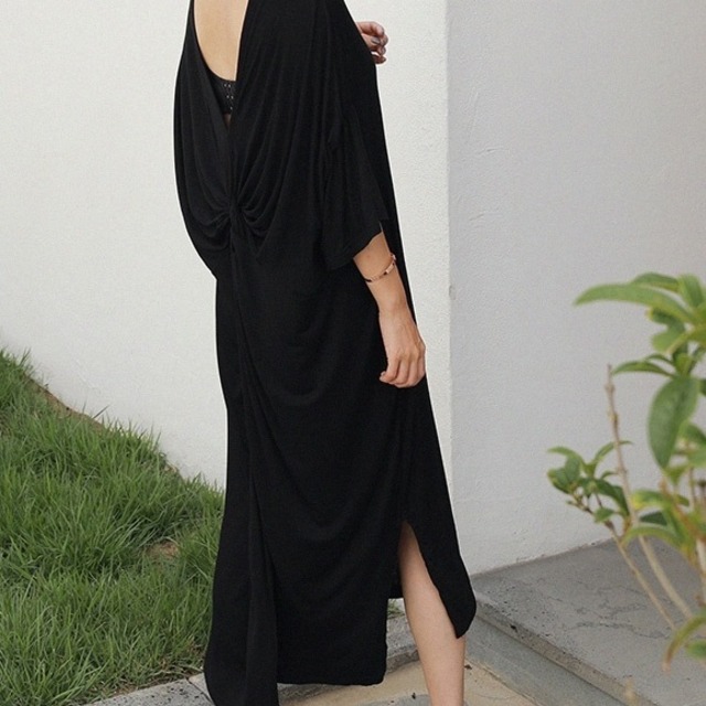 T シンプル ワンピース 七分袖 ベルスリーブ 背中あき 結婚式 二次会 リゾートにも 黒 ブラック S Xl Raffine ラフィーネ ドレス ブラウス