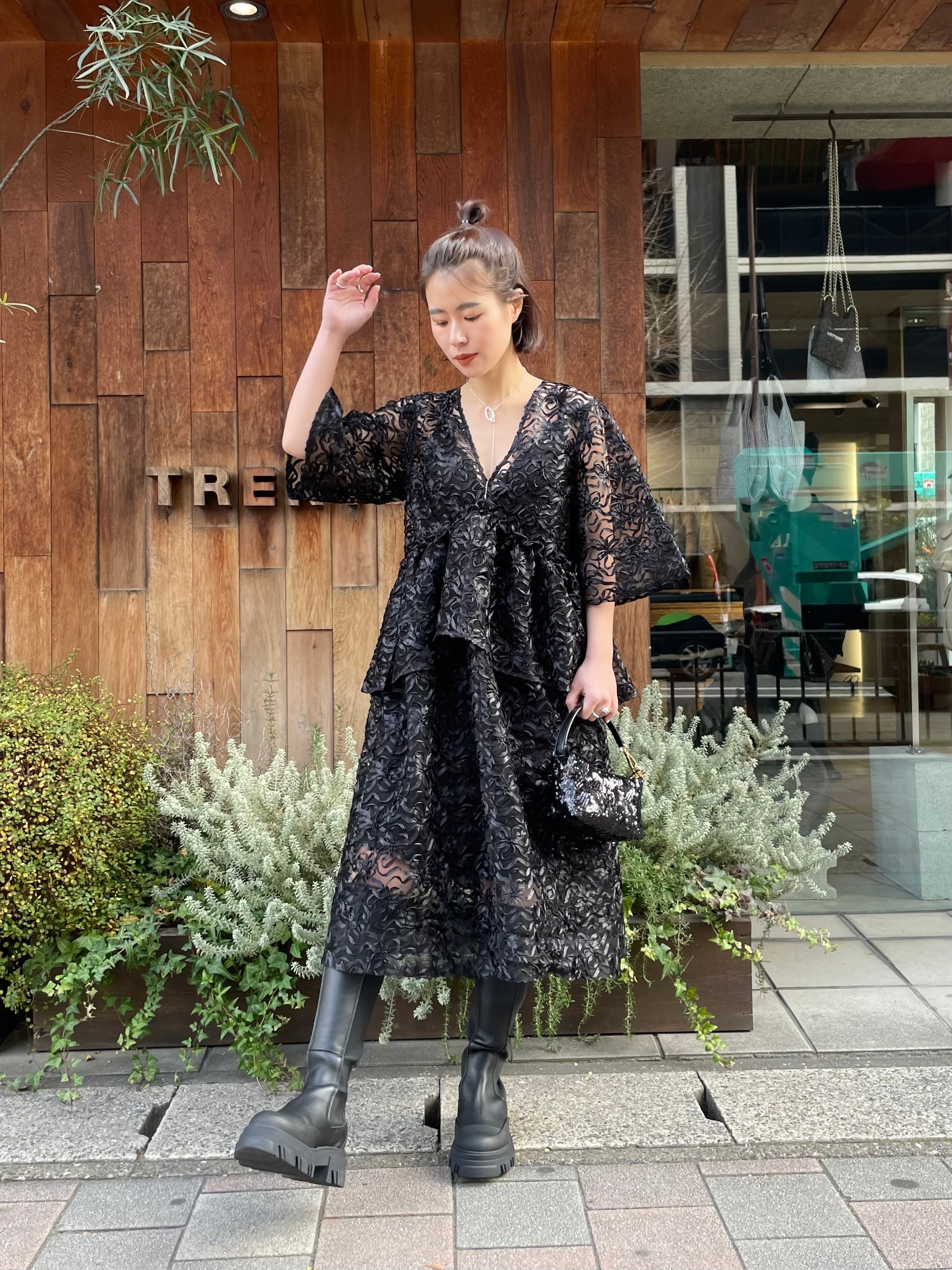 GANNI RIBBON TULLE FLOUNCE MIDI DRESS