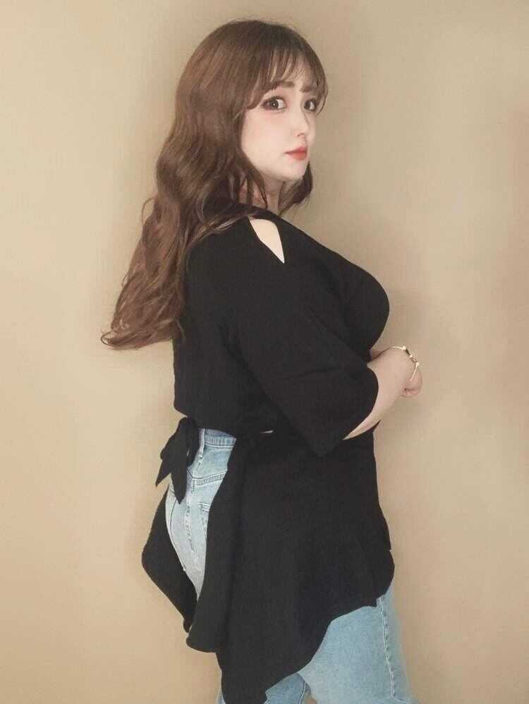 オープンショルダーバックシャンカットソー おしゃれ 個性的 肩あき ゆったり Tシャツ 大きいサイズ 韓国 CH4375