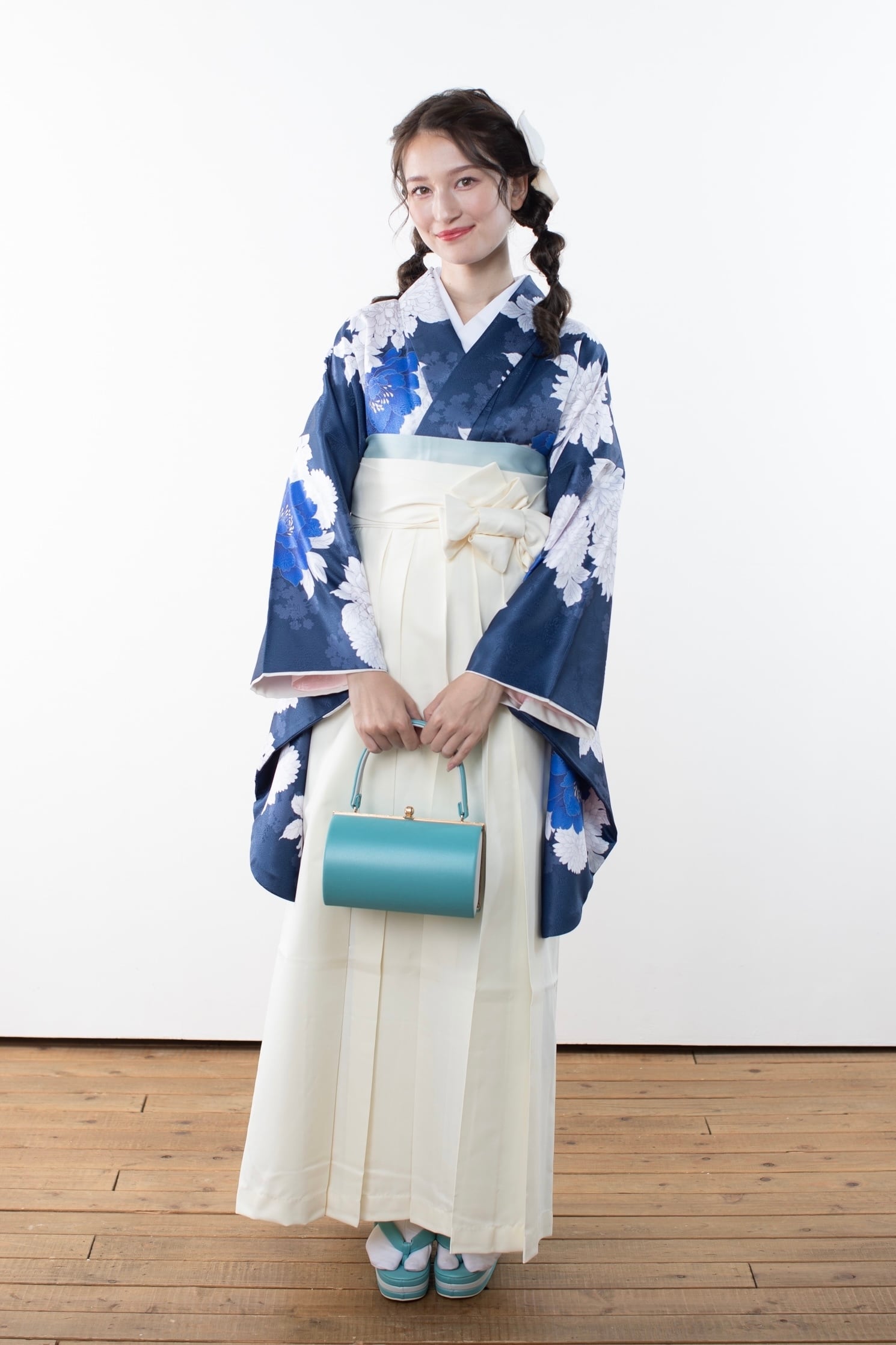 Kimono Sienne 卒業式袴3点セット 青紺 白 袴 二尺袖着物 袴 卒業式