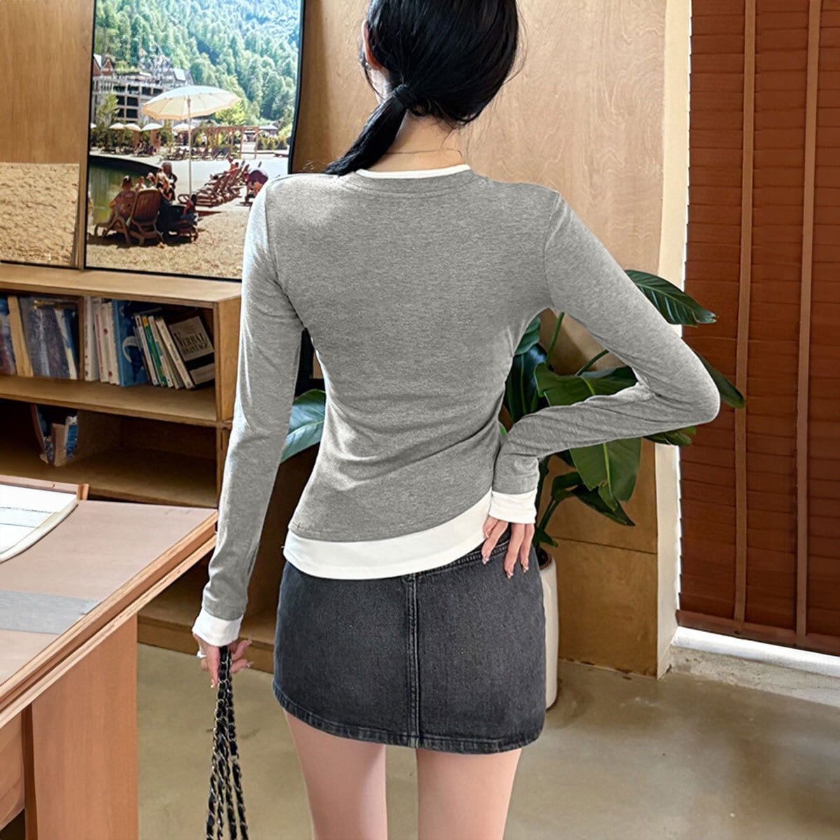 重ね着風 長袖 Tシャツ レディース 春秋冬 韓国 きれいめ 大人 カジュアル シンプル レイヤード タイト 細見え ストレッチ ドッキング トップス 大人可愛い 大人女子