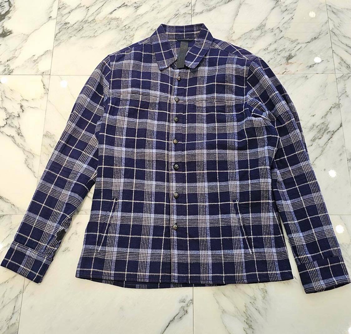 CHROME HEARTS クロムハーツ ワイノット ルーズエンド チェックシャツ ネルシャツ フランネルシャツ クロスボールスナップボタン クロスパッチ レザーパッチ ブルー×ネイビー