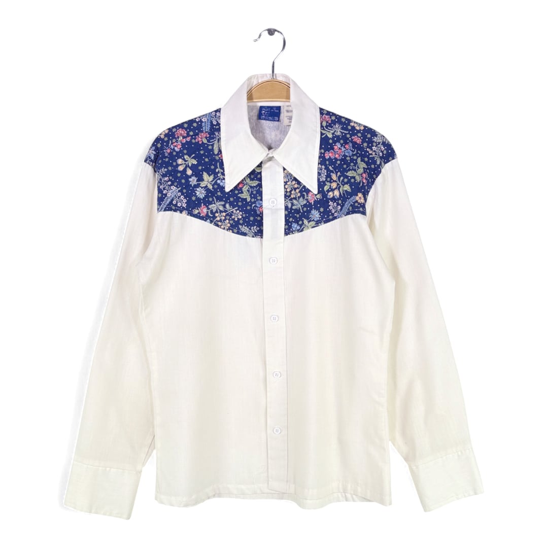 70s シアーズ ジーンズジョイント ヴィンテージウエスタンシャツ 花柄 ホワイト ブルー SEARS JEANS JOINT サイズM 古着 @CA1486
