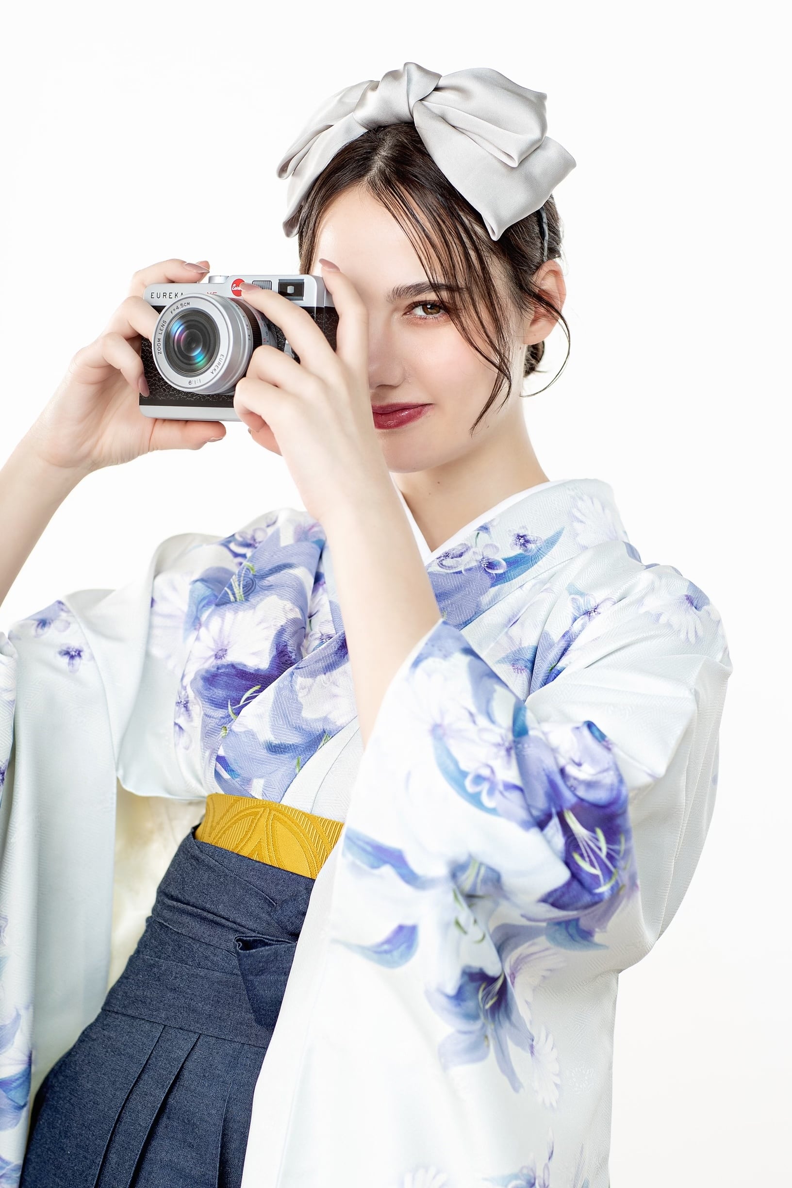 Kimono Sienne 卒業式袴3点セット 白 青 百合 デニム袴 袴 二尺袖着物