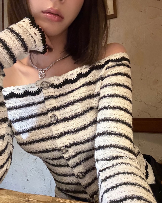 ボーダーオフショルニットトップス　l5314