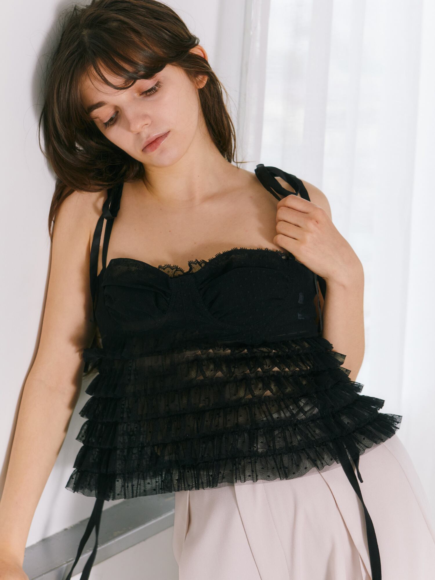 美品　アモマ　AMMOMA　RUFFLE BUSTIER　ビスチェ　F　ブラック CREAM FRILL BUSTIER -BLACK- | mieya mieya