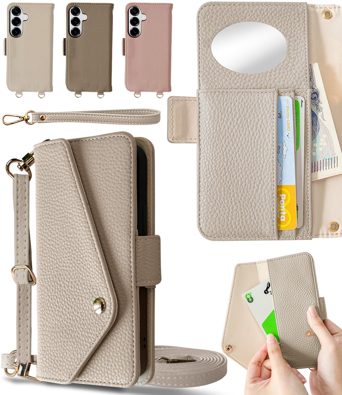 LIISEA 対応 galaxy s26 用の ケース 手帳型 ギャラクシー 手帳 スマホケース ショルダー カード 収納 外側 収納ポケット 2本 ストラップ 付き 鏡 ミラー s26 5g スマホショルダー 肩掛け 斜め掛け 縦横両対応 携帯ケース 可愛い おしゃれ くすみカラー 大人かわいい スナップボタン 落下防止 耐衝撃 全面保護 スマホカバー 26 スタンド機能 人気ケースS26