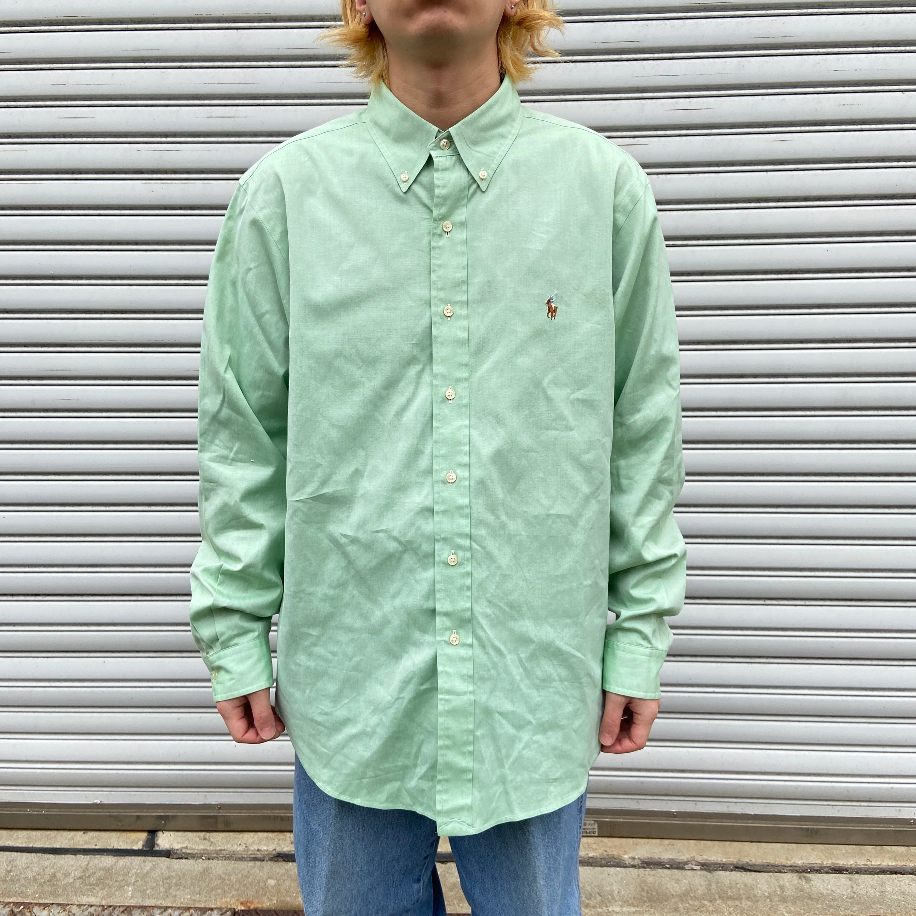 80s 90s ラルフローレン 深緑 グリーン 長袖シャツ 刺繍ロゴ XL