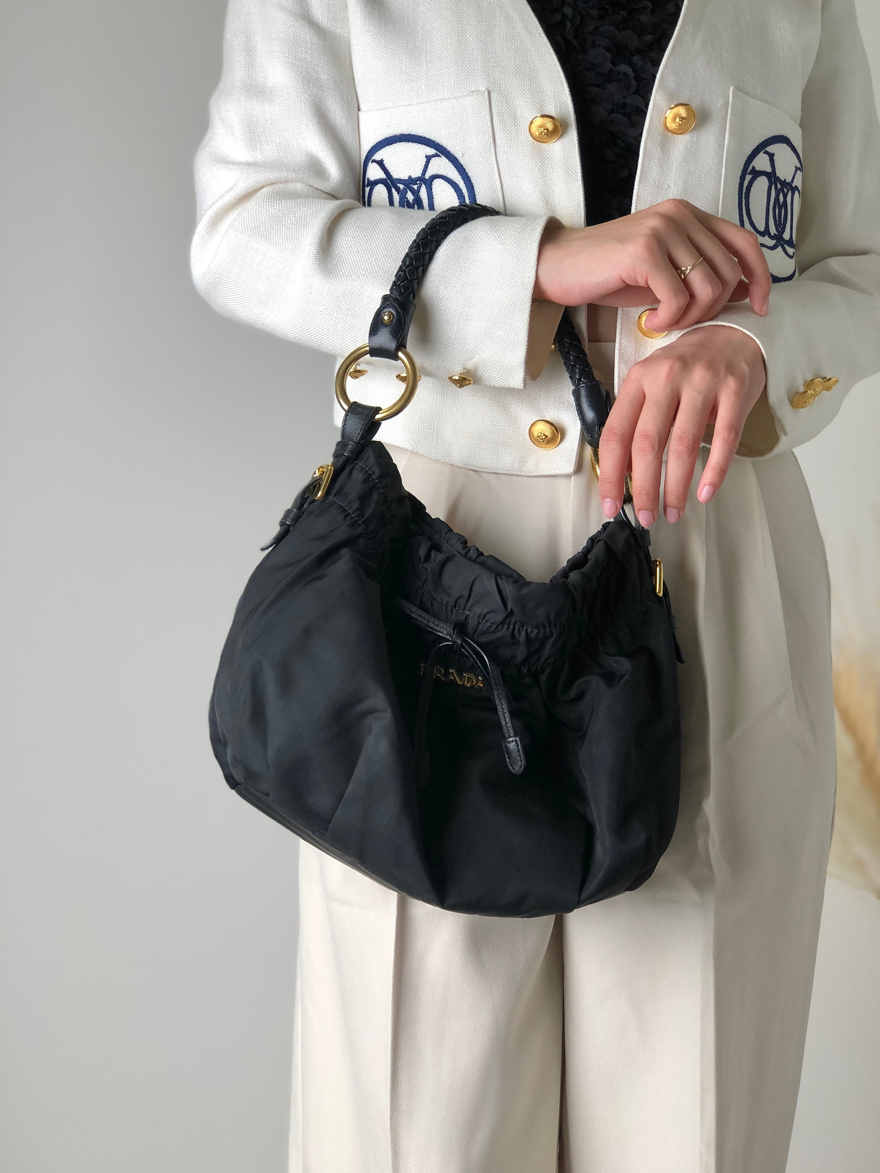 直輸入正規品 美品 PRADA プラダ ギャザーハンドバッグ ブラック