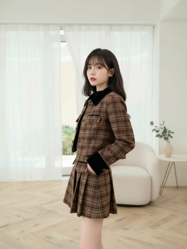 レトロチェック柄制服風セットアップ