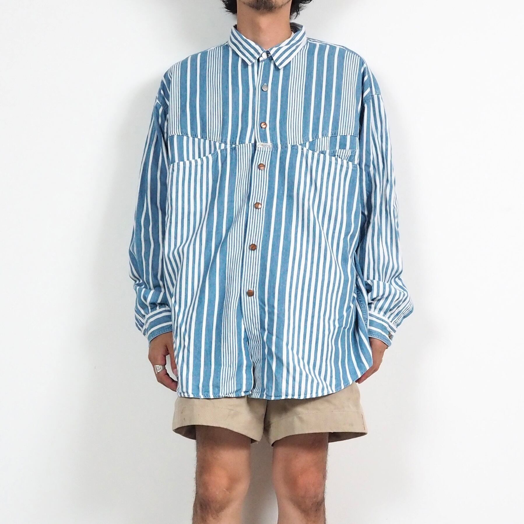 MARITE FRANCOIS GIRBAUD random stripe indigo cotton l/s shirt L 90's USA製 マリテフランソワジルボー インディゴ ストライプ 長袖シャツ