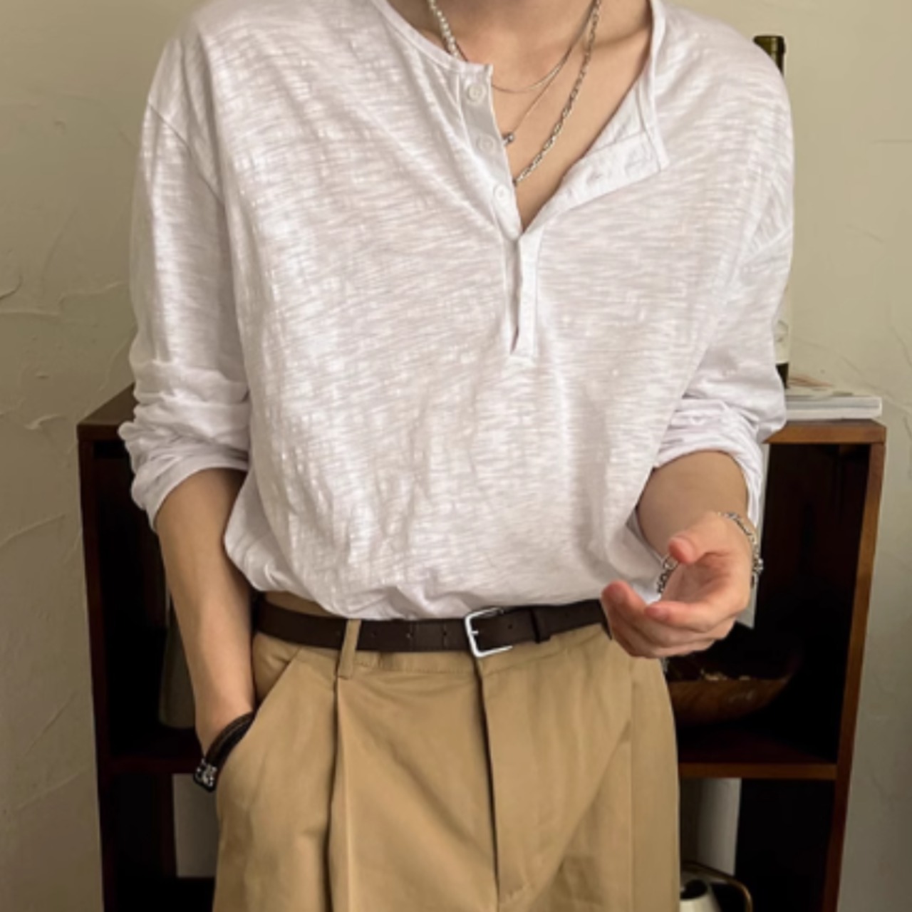 ベーシックヘンリーネックロングTシャツ　0829