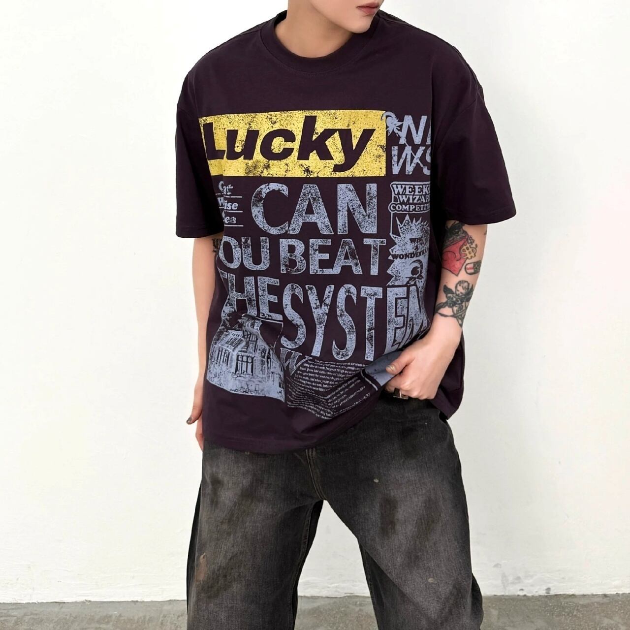 ニュースペーパーグラフィックルーズフォルムTシャツ 2col   A00137