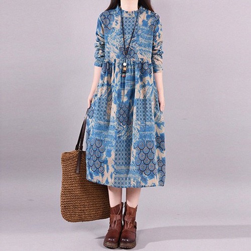 ワンピース ワンピースドレス 長袖 大きい ミドル丈 レディース マキシ レディースファッション 春 秋 大きいサイズ ワンピ 大人カジュアル 膝丈 ひざ丈 フレア 大人 きれいめ スカート プリント