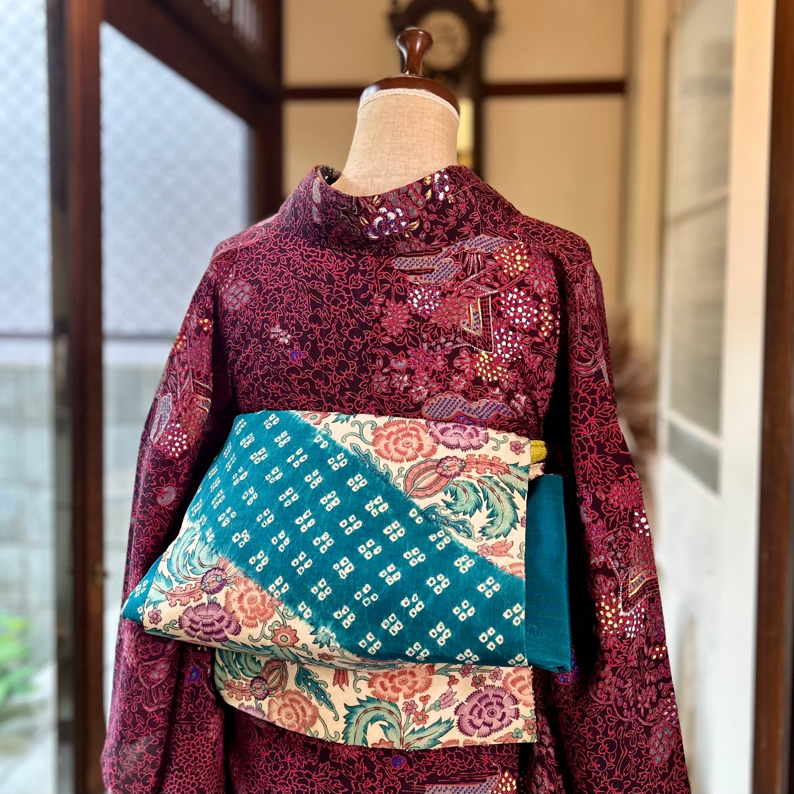 アンティーク帯　袋帯　正絹　刺繍　塩瀬　大正ロマン　成人式 振袖と帯セット（黒と朱の縞大正ロマン） - アンティーク着物