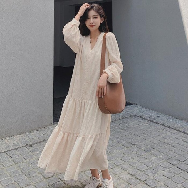 大きいサイズティアード ワンピース ロングワンピ ロング丈 パフスリーブ きれいめ カジュアル レディース ワンピ ドレス 長袖 シンプル Vネック おしゃれ 切り替え 大人可愛い ナチュラル ゆったり 体型カバー ベージュ 春 秋 冬 代 30代 40代 50代 Like Fashion
