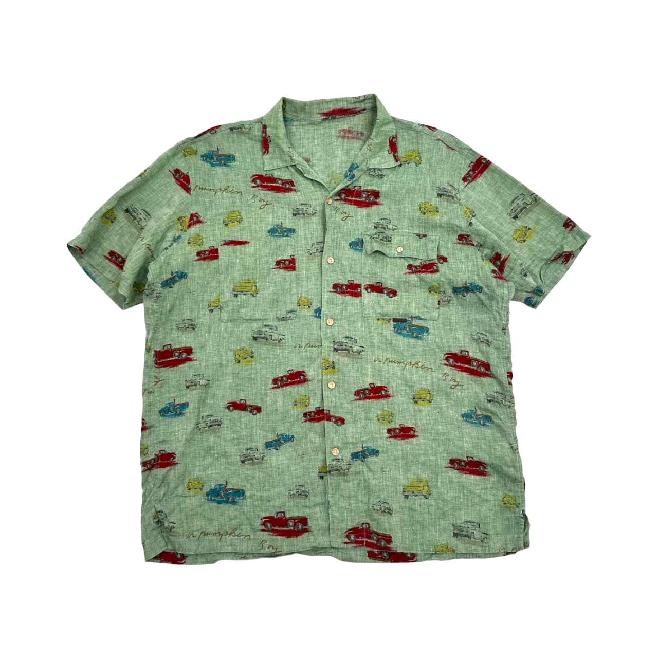 リネン100&◇Papas パパス 総柄 車柄 アロハシャツ ハマカラー 半袖  