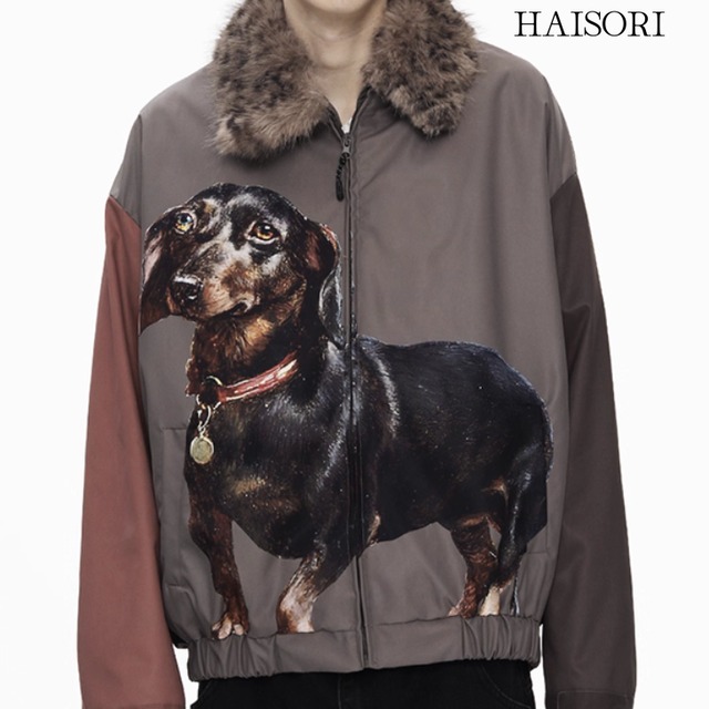 (NEW) Faux Fur Collar Dog Print Jacket
