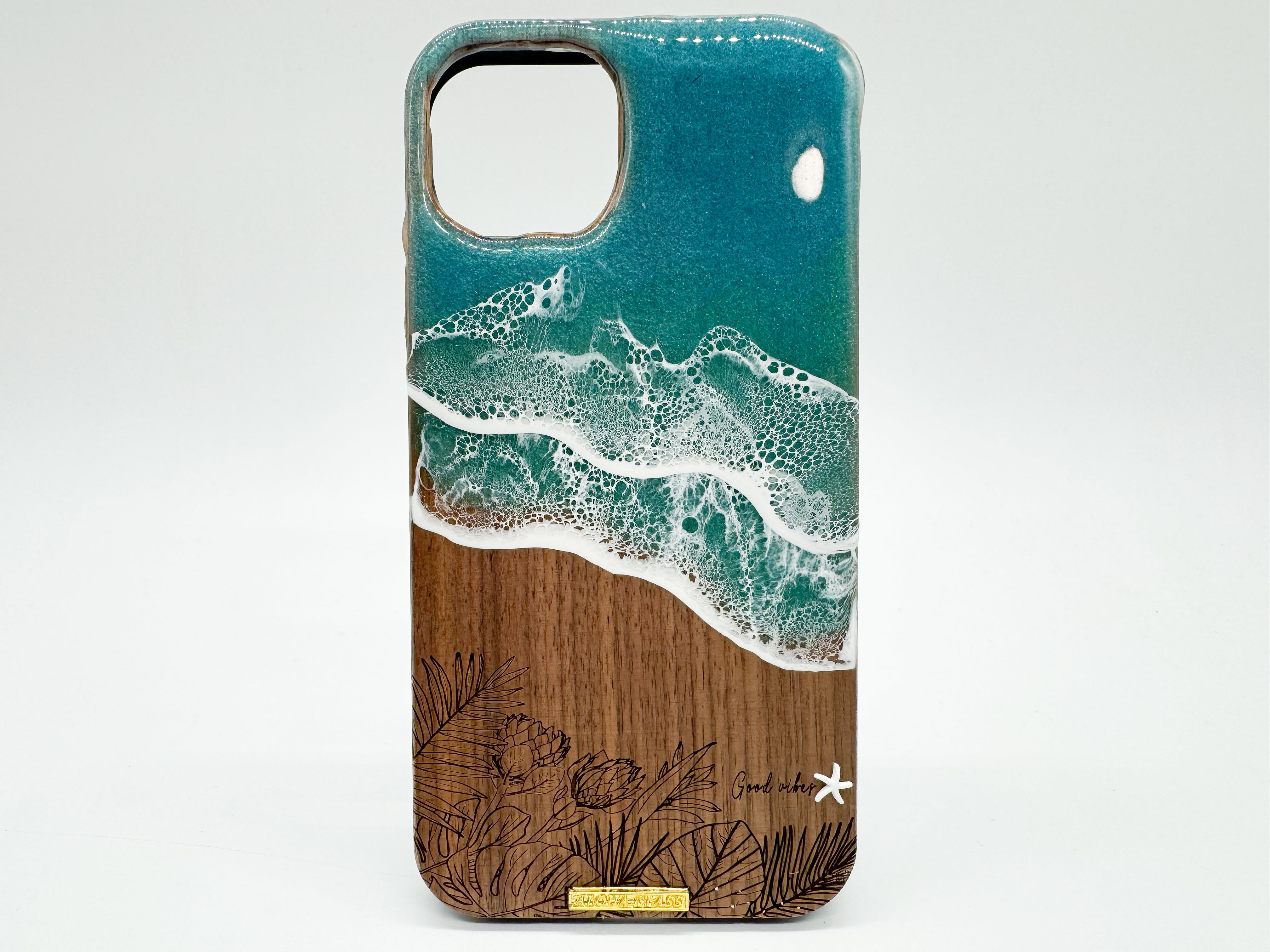 Ocean flower/wood×resin green wave case(walnut)